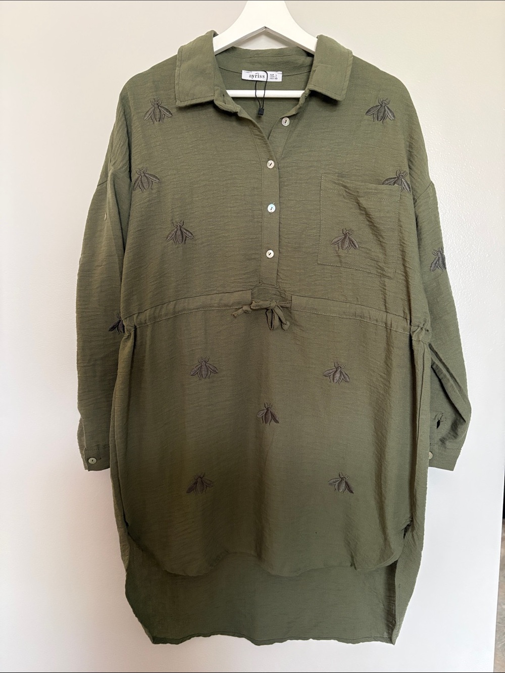 Ayriss Olive Green Long-Sleeve Embroidered Shirt Dress